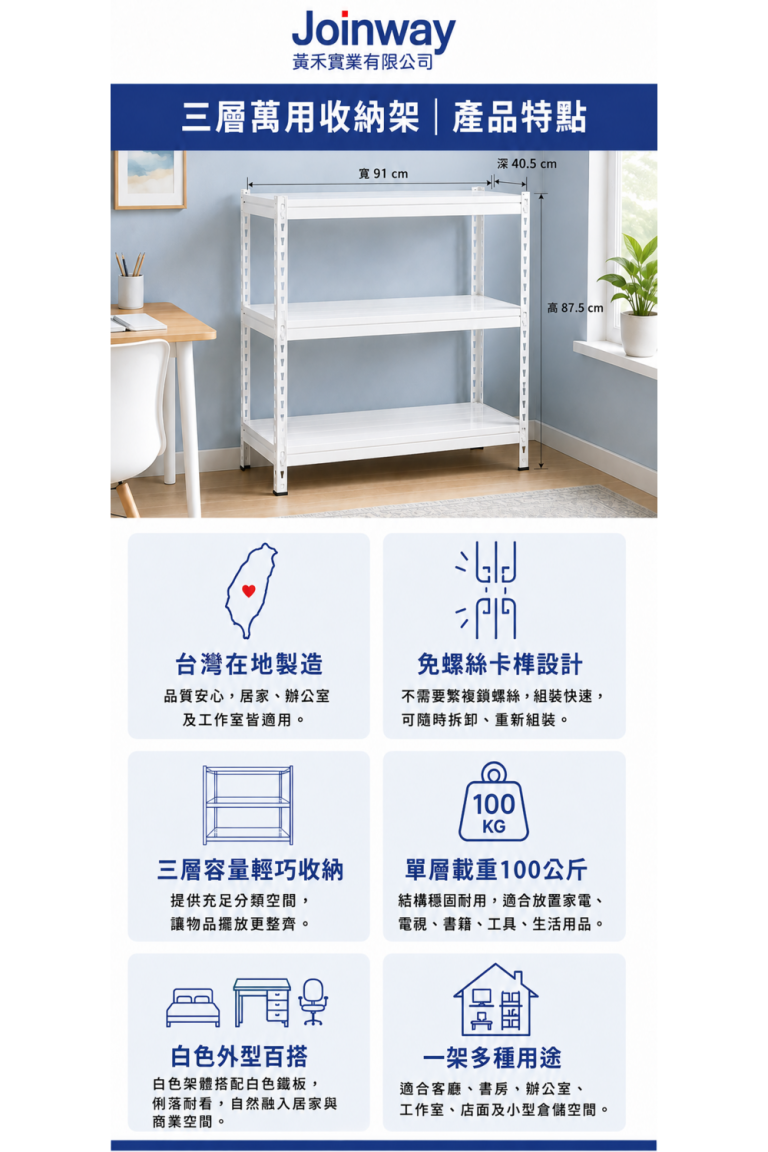 Joinway 白色三層萬用收納架產品特點，台灣製造、免螺絲、單層載重100公斤