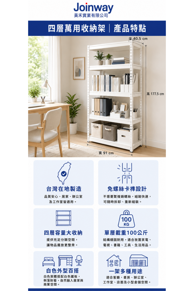 Joinway 白色四層萬用收納架產品特點，台灣製造、免螺絲、單層載重100公斤