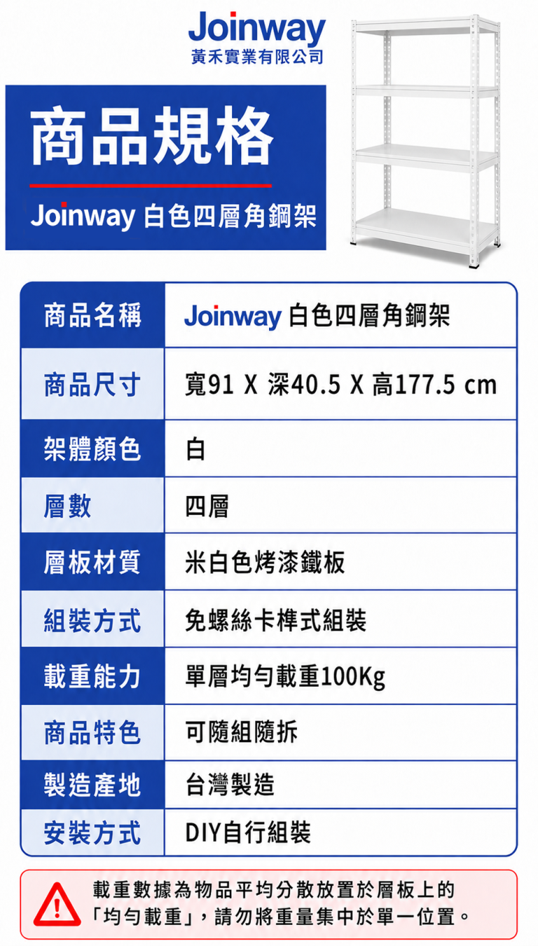 Joinway 白色四層角鋼架商品規格表