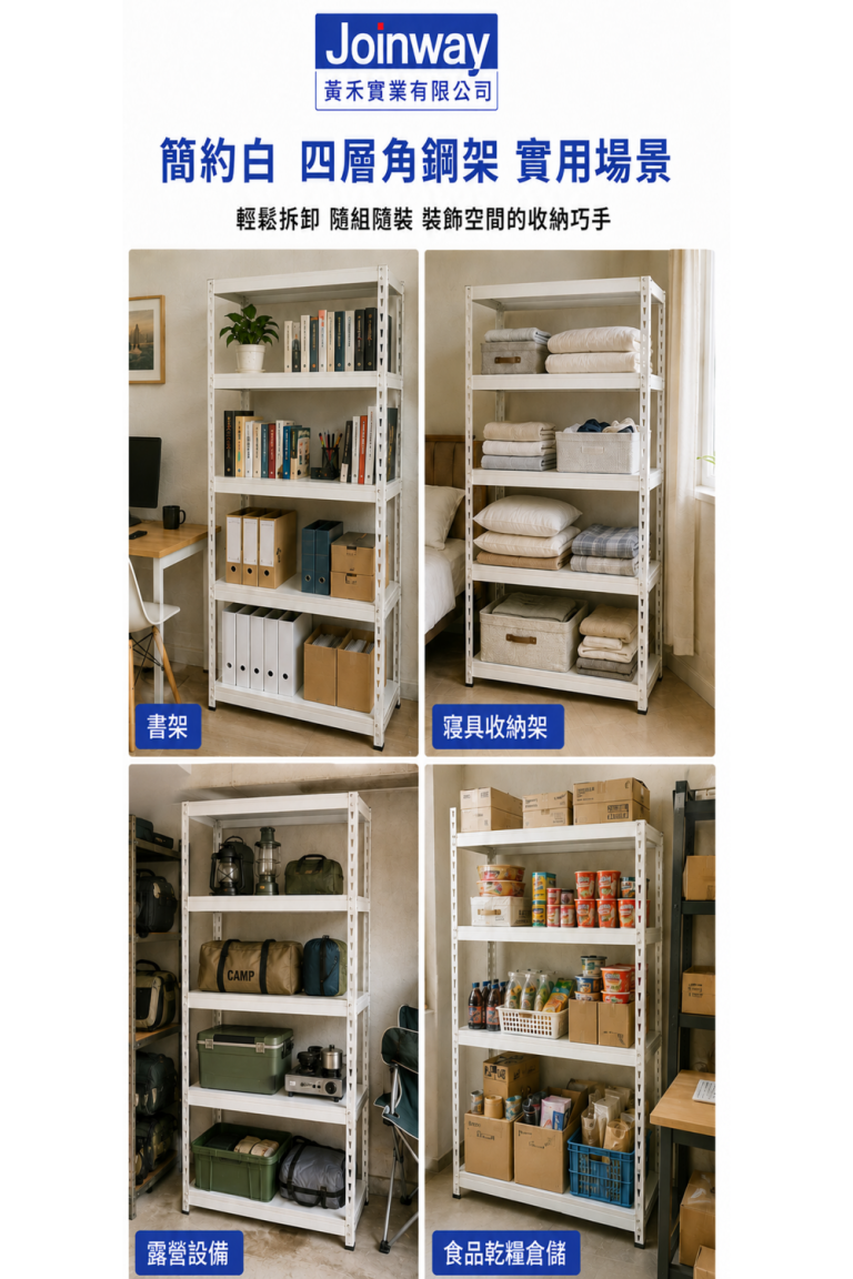 白色四層角鋼架適用於書架、寢具收納、露營設備與食品乾糧倉儲
